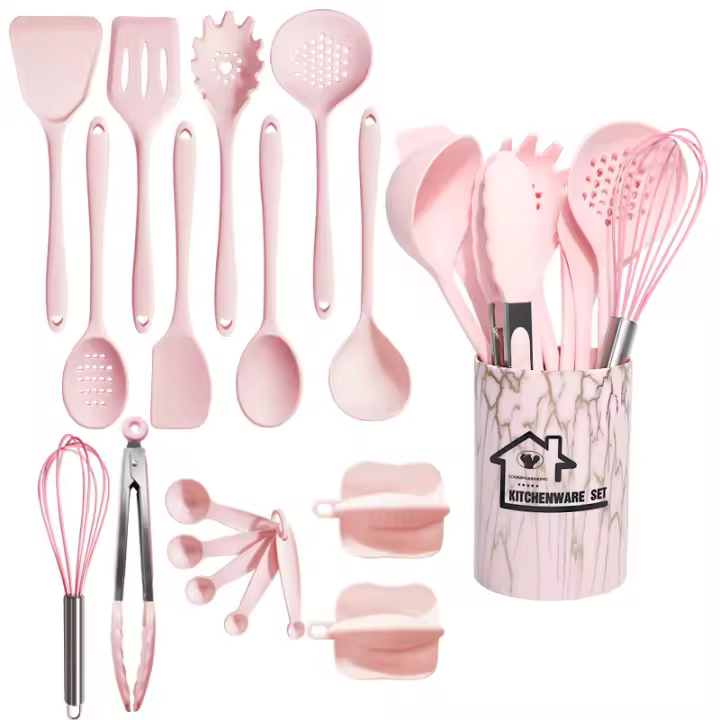 Set De Utensilios De Cocina En Silicona Rosa 18 Piezas Herramientas De Cocina Ecológicas Y Prácticas Incluye Tampones Medidora - 1