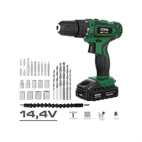 KOMA TOOLS Taladro atornillador 14,4V hasta 700 RPM con diferentes modos y luz de trabajo (maletín y accesorios incluidos) - 1