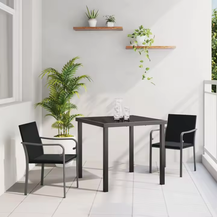 Conjunto de Comedor de Jardín de 3 Piezas con Cojines de Polirratán Negro - 1