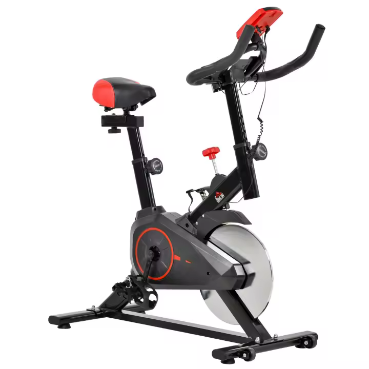 HOMCOM Bicicleta Estática con Pantalla LCD Pulsómetro Sillín y Manillar Ajustables en Altura Volante de Inercia de 6 kg y Resistencia Regulable 85x46x114 cm Negro y Rojo - 1