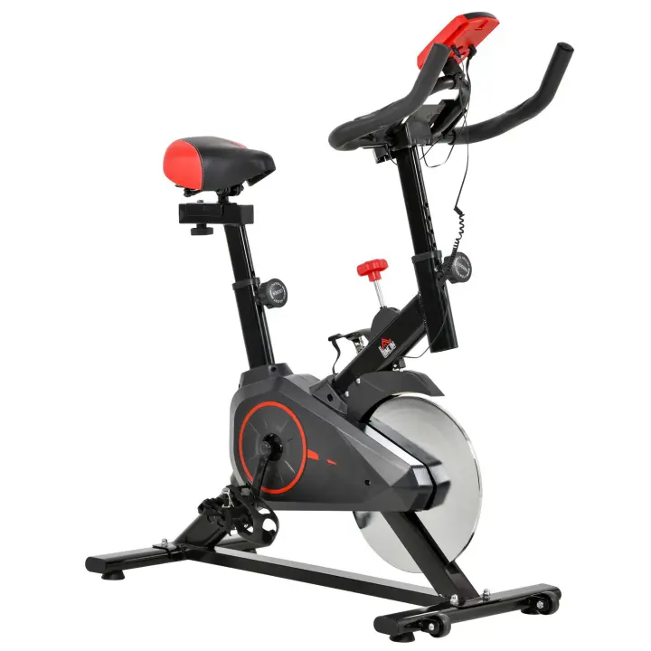 HOMCOM Bicicleta Estática con Pantalla LCD Pulsómetro Sillín y Manillar Ajustables en Altura Volante de Inercia de 6 kg y Resistencia Regulable 85x46x114 cm Negro y Rojo - 1