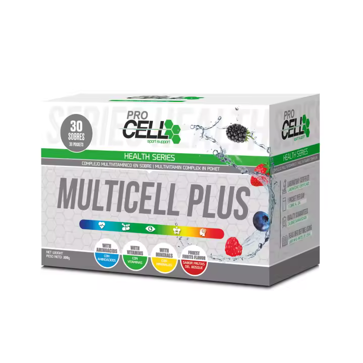 Multivitamínico Nutricional Completo (30 Sobres Efervescentes) - MultiCell PLUS Procell Sport- Sabor Frutos Rojos - Ahora con Probióticos, Enzimas Digestivas, Omega 3, Vitaminas B y C, Ginseng y BCAAs - 1