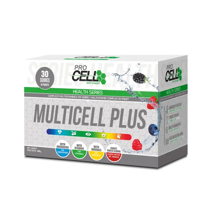 Multivitamínico Nutricional Completo (30 Sobres Efervescentes) - MultiCell PLUS Procell Sport- Sabor Frutos Rojos - Ahora con Probióticos, Enzimas Digestivas, Omega 3, Vitaminas B y C, Ginseng y BCAAs - 1
