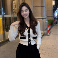 Chaqueta De Punto Para Mujer Otoño Invierno Estilo Suave V-Neck Colores Contrastantes Casual Cierre Único Tops Todoterreno - details 4
