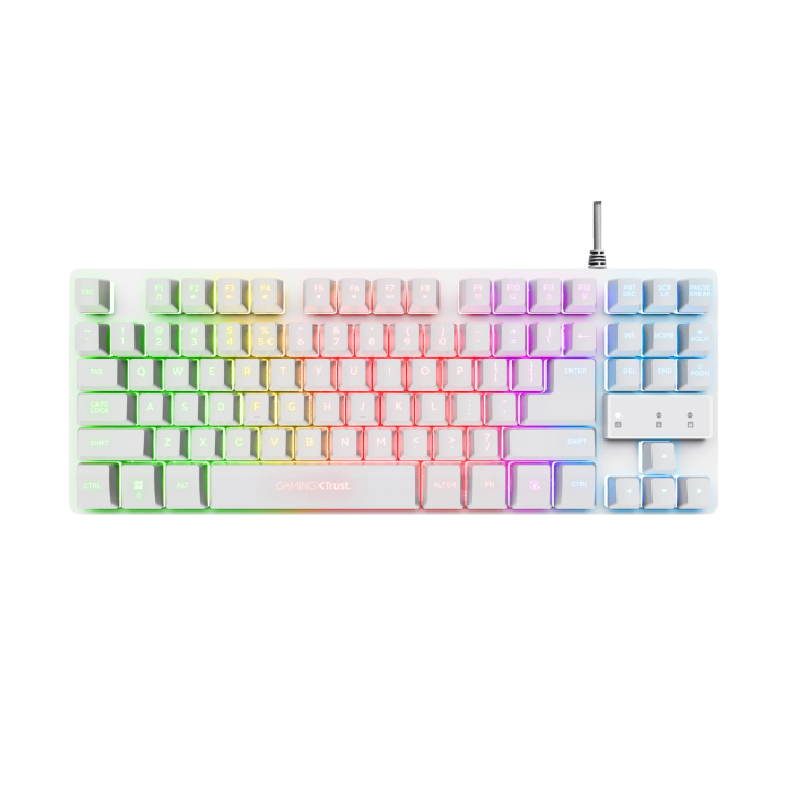 Teclado gaming Trust GXT 833 Thado TKL, compacto con iluminación LED multicolor, diseño Tenkeyless para mayor espacio, función anti-ghosting, 12 teclas multimedia, resistente, cable de 1,8 m, compatible con PC y consolas