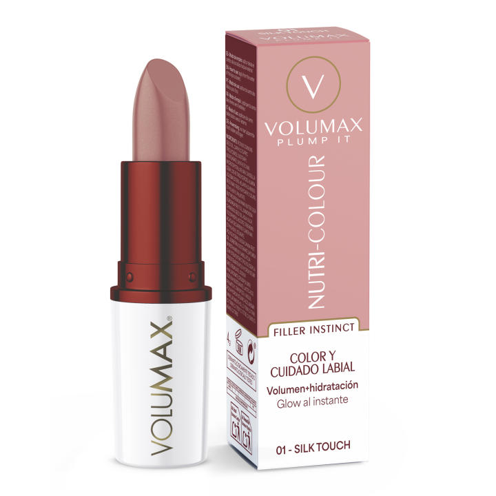 Volumax Plump It Nutri-Colour | Tratamiento Labial Antiedad | Color Duradero, Volumen y Cuidado Clínico | Labios Rellenos y Definidos | Hidratación 24H | SILK TOUCH 01 | 4gr