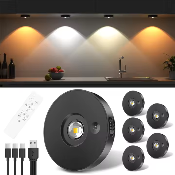 Foco LED recargable por USB, iluminación de subunidad, luces LED para gabinete con control remoto, luces LED inalámbricas para gabinete con temporizador (paquete de 6) - 1