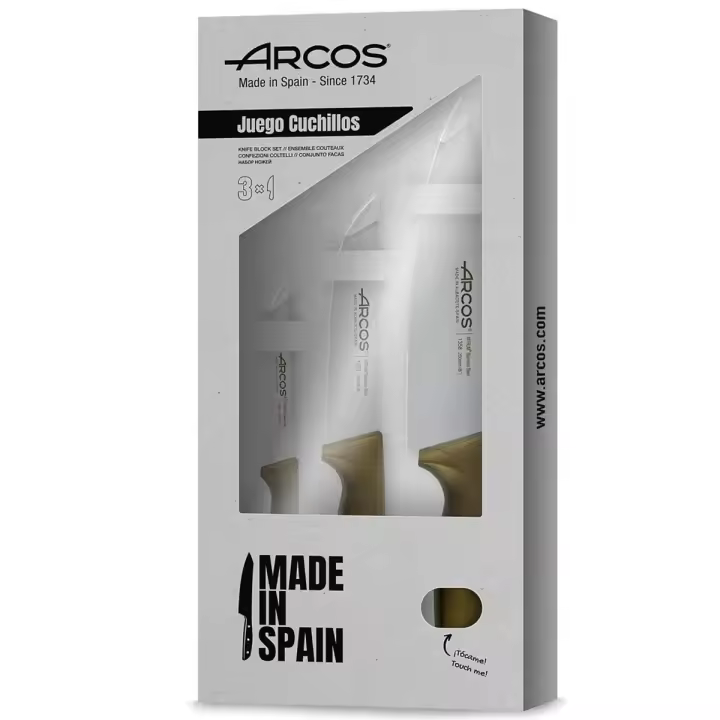 ARCOS Niza - Set de 3 Cuchillos de Cocina (110, 150 & 200 mm) - Color Dorado Metalizado - Hoja de Acero Inoxidable Nitrum® - Mangos de Polipropileno (PP) - Estuche Regalo - 1