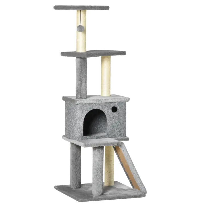 PawHut Árbol para gatos, poste rascador, torre de juegos con cueva, plataformas, bola colgante, altura 125 cm, gris - 1
