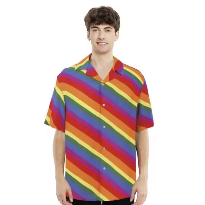 Camisa de arco iris para hombre LGBTQ, Camisa informal para el tiempo libre multicolor, camisa hawaiana manga corta - 1
