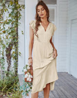 Vestido Largo Medio De Verano Para Mujer Con Manga Volante Y Cuello V Estilo Casual Suelto A-Line Sin Capucha Material Viscosa Y Poliéster - details 1