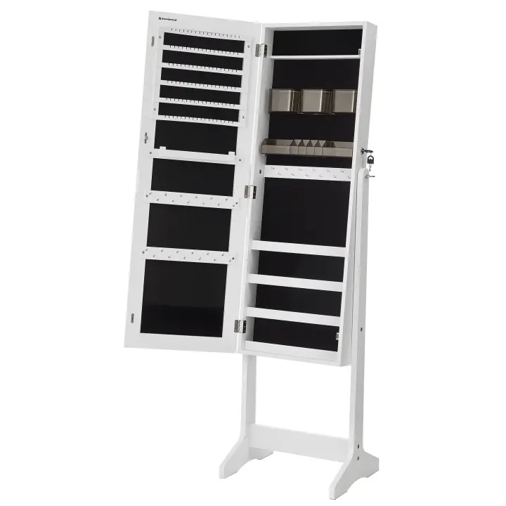 SONGMICS Espejo Joyero, Armario para Joyas, Armario Joyero con 2 Organizadores de Cosméticos, Armario de Pie, Espejo sin Marco, con Cerradura y Llaves, para Pedientes, Collares, Blanco - 1