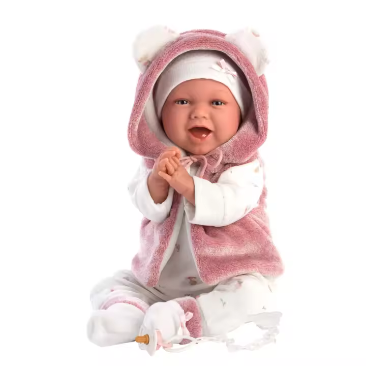 Muñeca recien nacida Mimi Sonrisas con chaqueta fucsia de pelo y chupete 40 cm (Llorens 74070) - 1