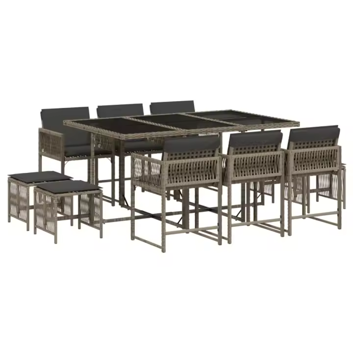 vidaXL Set de comedor de jardín 11 pzas y cojines ratán sintético gris - 1
