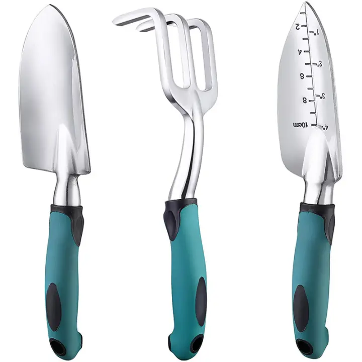 Juego de herramientas de jardín, herramientas de jardinería de aluminio de 3 piezas con paleta, trasplantadora y rastrillo de mano, mango ergonómico antideslizante suave y cómodo, verde - 1