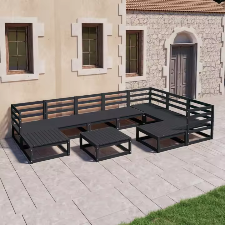 vidaXL Juego de muebles de jardín 10 pzas y cojines negro madera pino - 1