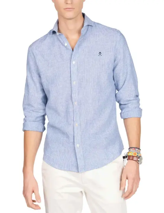 Camisa Harper Venice azul de lino manga larga para hombre - 1