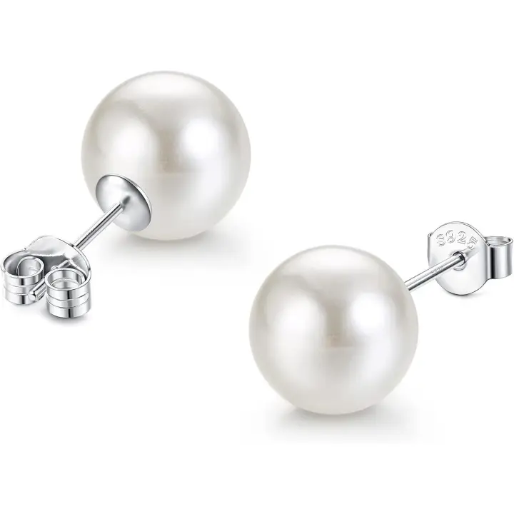 Pendientes Perla para Mujer Niñas Plata de Ley 925 Hipoalergénicos Elegantes Pendientes Blancas Perla 5mm/8mm/10mm/12mm  8.0 Milímetros - 1