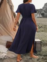 Vestido Casual De Verano Para Mujer 2024 AliExpress Con Cuello En V Manga Corta Y Abertura Midi De Poliéster Estilo Europeo Y Americano - details 21
