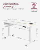 Escritorio eléctrico ajustable en altura, mesa de pie 60x140 cm, ajuste continuo, 4 memorias de altura, disponible en blanco, gris, marrón rústico o negro - details 4
