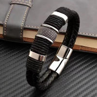 Pulsera De Cuero Genuino Marrón Vintage Multicapa Para Hombres Estilo Negocios Formal Joyería Regalo Para Muñeca - details 1