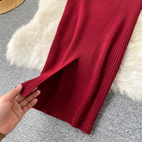 Vestido REALEFT De Punto Para Mujer Con Cuello Alto Y Mangas Largas Estampado Sólido Estilo Casual Vestido De Abrazo Largo Hasta La Rodilla Para Otoño E Invierno - details 21