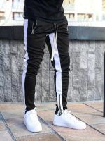 Pantalones Deportivos Para Hombre Con Bolsillos Cremallera Y Bloque De Colores Estilo Casual Pantalones Delgados Con Cordón - details 0