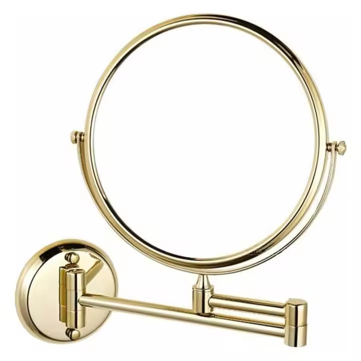 Espejo de maquillaje montado en la pared, giratorio de 8 pulgadas, doble cara, plegable, extensible, espejo de afeitar para baño, aumento de 5x, dorado - 1