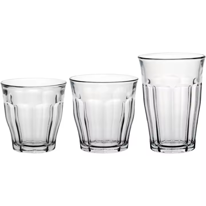 AMYMARK - Juego de 18 vasos Duralex® Transparente – 25 cl, 31 cl, 36 cl, cristal de agua, jugo de soda y cóctel – vidrio templado ultra resistente, compatible con lavavajillas, fabricado en Francia - 1