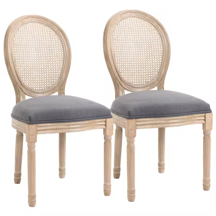 HOMCOM Juego de 2 sillas de comedor Silla de cocina con respaldo de ratán, aspecto de lino, silla tapizada de estilo francés tapizada, para sala de estar, comedor - 1