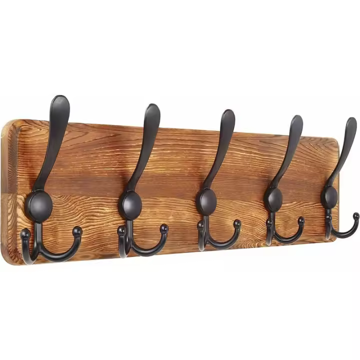 Perchero de Madera Mural, 5 Ganchos Triples, Madera Maciza para Abrigos y Chaquetas - 1