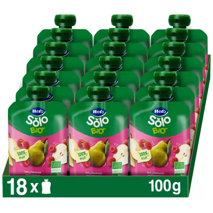 Hero Solo pack de bolsitas bio Pera y Frambuesa 100% ecológicas. Para bebés desde 4 meses. 18x100g - 1