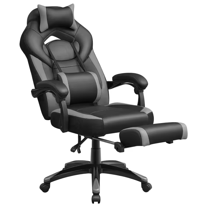 SONGMICS Silla Gaming, Silla de Oficina, para Carreras, con reposapiés, Diseño ergonómico, Reposacabezas Ajustable, Soporte Lumbar, 150 kg de Capacidad de Carga, Gris y Negro/Negro/Azul y Negro/Rojo y Negro - 1