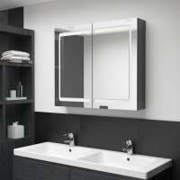 vidaXL Armario de baño con espejo LED blanco brillante 80x12x68 cm en color Blanco brillo/Gris brillo/blanco y roble | almacenamiento funcional diseño moderno para baño dormitorio sala - details 1
