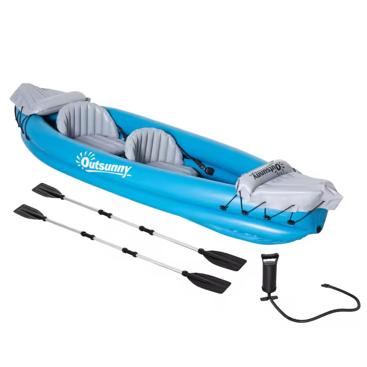 Outsunny Kayak Hinchable para 2 Personas Kayak Inflable Individual de PVC con 2 Asientos 2 Remos Bomba y Kit de Reparación 330x105x50 cm Azul - 1