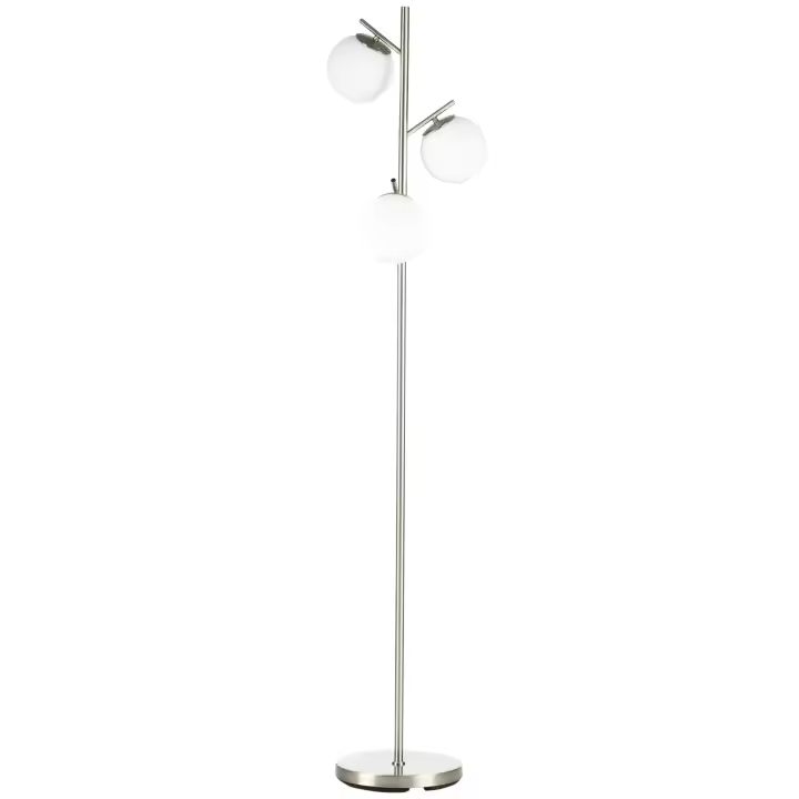 HOMCOM Lámpara de Pie, Lámpara de Pie 40 W con 3 Pantallas de Cristal, Lámpara de Pie con Casquillo E27, Lámpara de Pie, para Salón, Altura 169 cm, Metal, Plata, sin Bombilla - 1