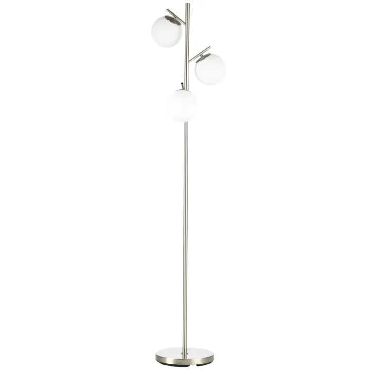 HOMCOM Lámpara de Pie, Lámpara de Pie 40 W con 3 Pantallas de Cristal, Lámpara de Pie con Casquillo E27, Lámpara de Pie, para Salón, Altura 169 cm, Metal, Plata, sin Bombilla - 1