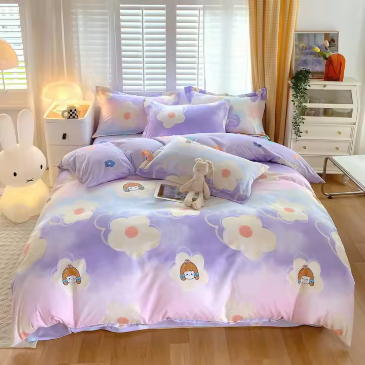 Funda De Edredón Y 2 Almohadillas Reversibles Con Patrón De Rabo De Conejo Fresa Y Flor Morada Estilo Moderno Para Cama De 1.5m/1.8m/2.0m/2.2m Conjunto De Ropa De Cama Cómoda Y De Venta Caliente - 1