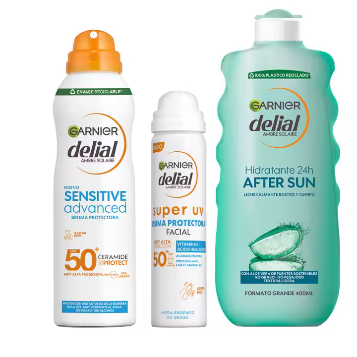 GARNIER | Delial Pack Sensitive Advanced Bruma Protectora Solar para pieles claras, sensibles e intolerantes al sol IP50+ + SUPER UV FPS50+ Bruma Protectora Facial con Textura Invisible + After Sun Leche Calmante Rostro y Cuerpo Aloe- 150+75+400ml - 1