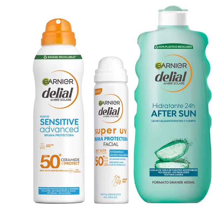 GARNIER | Delial Pack Sensitive Advanced Bruma Protectora Solar para pieles claras, sensibles e intolerantes al sol IP50+ + SUPER UV FPS50+ Bruma Protectora Facial con Textura Invisible + After Sun Leche Calmante Rostro y Cuerpo Aloe- 150+75+400ml - 1