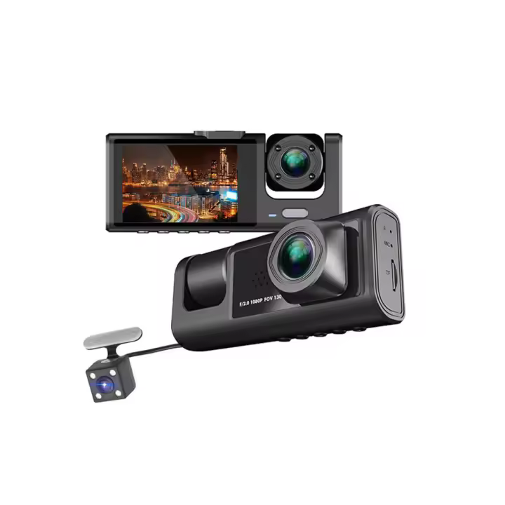 Cámara de Coche de Tres Vías con Visión Nocturna por infrarrojos, grabadora de conducción de coche 1080P, Video en bucle, monitor de apartamiento, DVR - 1