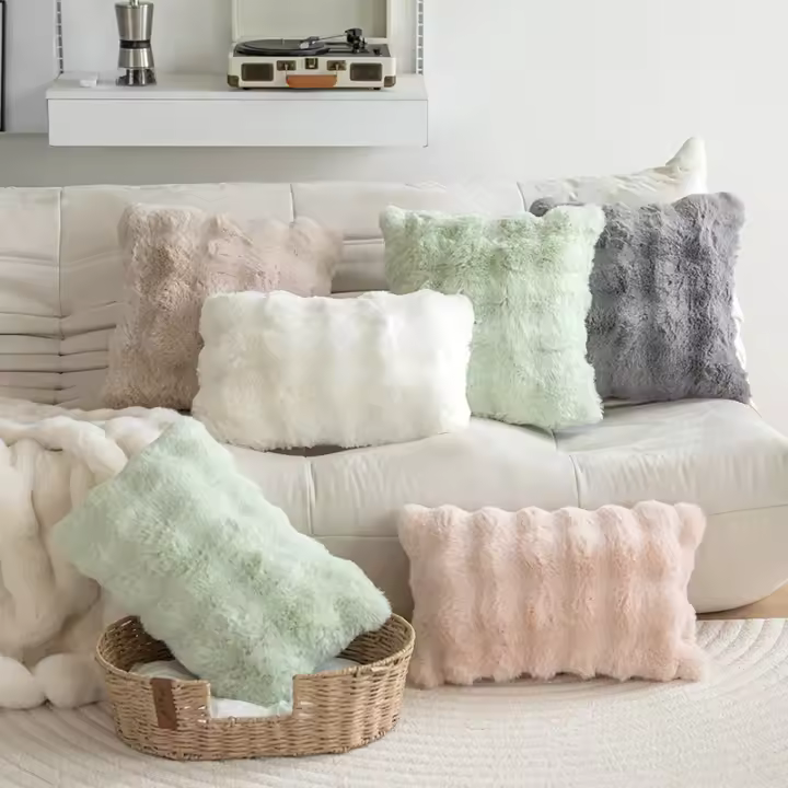 Cojín De Sofá De Velours Imitación De Piel De Conejo Color Sólido Suave Y Cálido Para Sala De Estar Dormitorio Decoración Del Hogar - 1