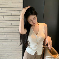 Chaqueta De Punto Sin Mangas Para Mujer Estilo Coreano Color Sólido Verano Moda Chic V-cuello Ajustada Top Transversal - details 10
