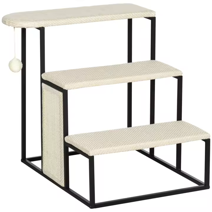 PawHut Escaleras para mascotas Escaleras para gatos de 3 escalones Escaleras para perros con rascador y pelota de juguete Ayuda para la entrada Escaleras para mascotas prácticas y livianas Acero Sisal Crema Blanco + Negro 51 x 54 x 53 cm - 1