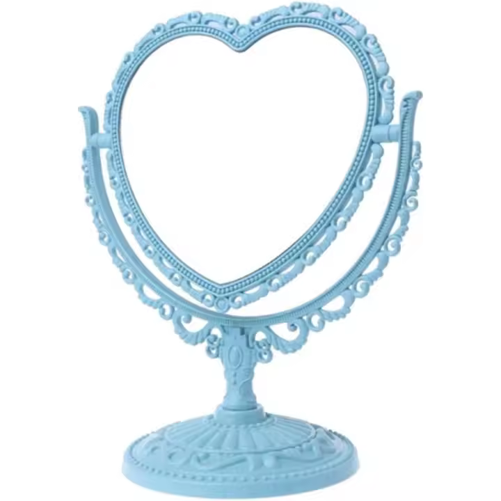 Espejo cosmético sencillo y encantador en forma de corazón, espejo de tocador giratorio de plástico de doble cara, espejo liviano para baño y dormitorio (azul) - 1