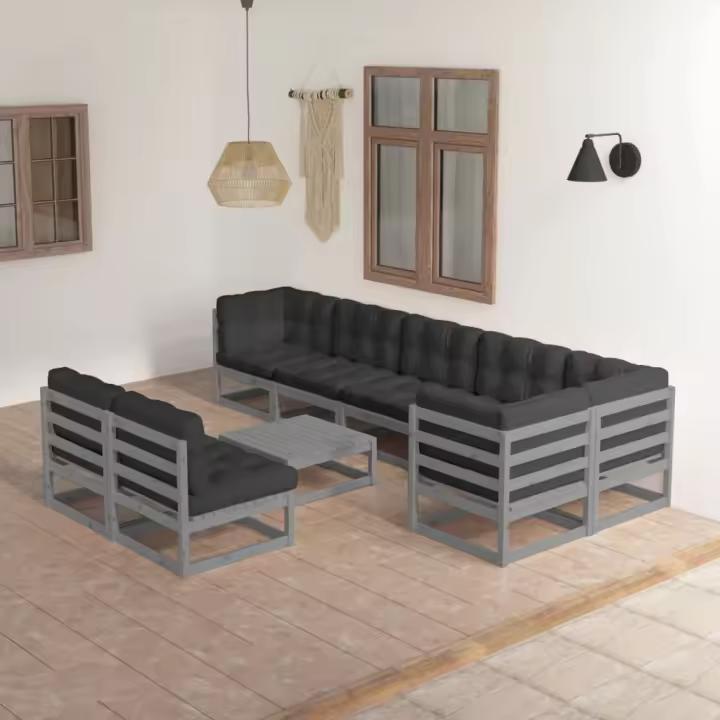 vidaXL Juego de muebles de jardín 9 pzas y cojines madera maciza pino - 1