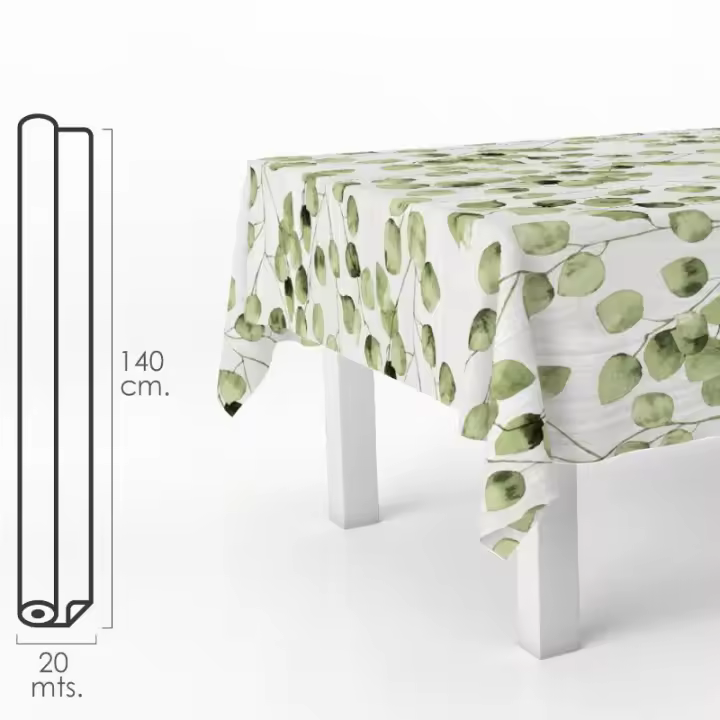 Mantel hule rectangular hojas verdes. impermeable antimanchas pvc 140 cm. x 20 metros. rollo recortable. interior y exterior - 1