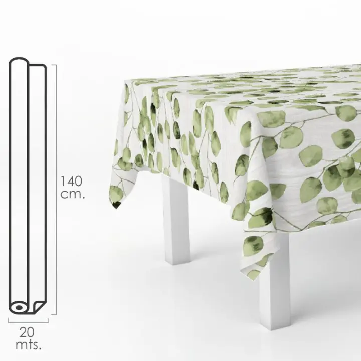 Mantel hule rectangular hojas verdes. impermeable antimanchas pvc 140 cm. x 20 metros. rollo recortable. interior y exterior - 1