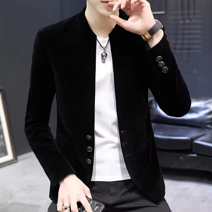 Camisa De Cuello Yuan Slim Fit En Veludo Estilo Coreano Moda Casual Para Hombres Abrigo Boutique Canario Nueva Version - 1