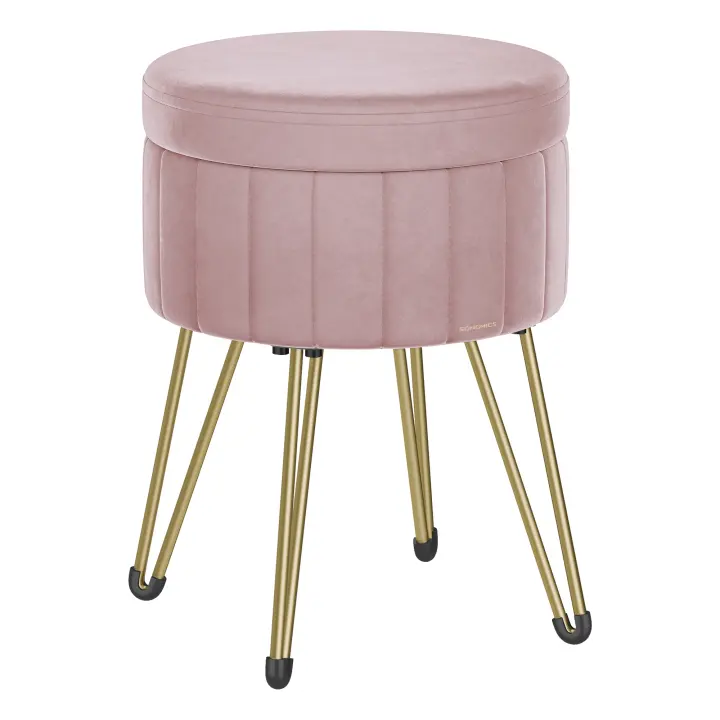 SONGMICS Puff Almacenaje, Baul Almacenaje, Banco Almacenaje Redondo, Taburete de Tocador de Terciopelo, 39 x 44,4 cm, 4 Patas de Metal, Asiento Acolchado, Negro Tinta/Gris Paloma/ Rosa Jalea/Blanco Crema - 1